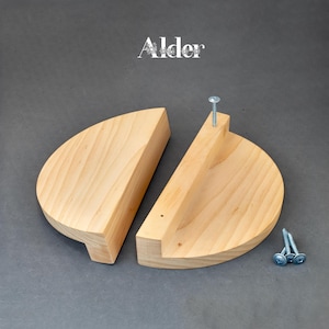 Set med 2 halvmåneformade skåpshandtag i trä, 3/4/5" fullcirkeldiameter, halvcirkelformade lådhandtag, massiva trädetaljer, lönn, ek, ask, al