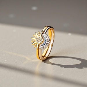 May include: Two gold rings, one with a sun design and the other with a moon design. The sun has a central circle with small stones and rays. The moon ring has a crescent moon shape with small stones. The rings are on a light gray surface.