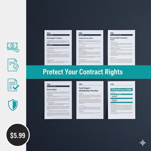 Puede incluir: Se muestran seis documentos PDF con títulos como "REA Request Template" y "FAR Reference Guide" sobre un fondo oscuro. Los documentos son blancos con texto negro. Una pancarta turquesa dice "Protect Your Contract Rights".