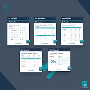 Op de afbeelding: Vijf digitale documenten met het "GovToolsPro" logo. De documenten bevatten een checklist voor biedingen, een scoringsmatrix, een risicobeoordelingswerkblad, een sjabloon voor concurrentieanalyse en een winstkanscalculator. Elk document kost €4,99.