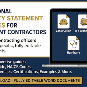 K&ouml;nnte beinhalten: Ein Laptop-Bildschirm zeigt "PROFESSIONAL CAPABILITY STATEMENT TEMPLATES FOR GOVERNMENT CONTRACTORS." Symbole stehen f&uuml;r Bauwesen, IT, Gesundheitswesen und mehr. Der Text lautet auch "INSTANT DOWNLOAD - FULLY EDITABLE WORD DOCUMENTS."