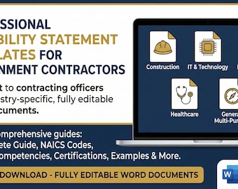 Kit de plantilla de declaración de capacidad, contratista gubernamental, propuesta de RFP de GovCon, perfil de empresa, pequeña empresa, documento de Word editable