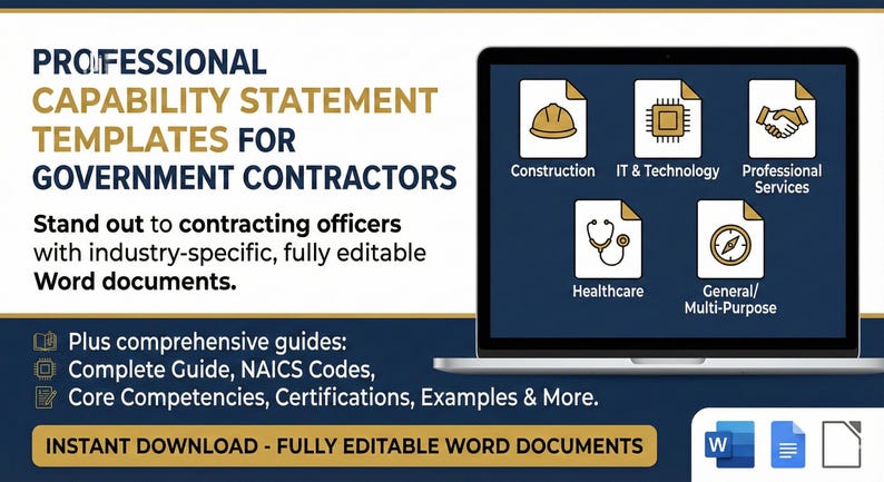 K&ouml;nnte beinhalten: Ein Laptop-Bildschirm zeigt "PROFESSIONAL CAPABILITY STATEMENT TEMPLATES FOR GOVERNMENT CONTRACTORS." Symbole stehen f&uuml;r Bauwesen, IT, Gesundheitswesen und mehr. Der Text lautet auch "INSTANT DOWNLOAD - FULLY EDITABLE WORD DOCUMENTS."