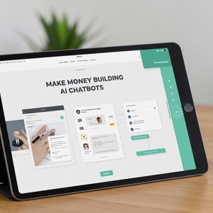 May include: A black tablet displaying a website with the text "MAKE MONEY BUILDING AI CHATBOTS." The screen shows several app interfaces with illustrations. The tablet is propped up on a stand on a wooden table, with a white mug and a plant in the background.