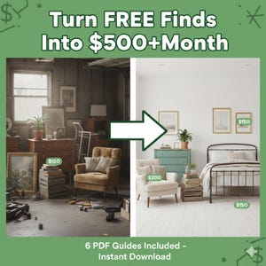 May include: Image showing a before-and-after transformation of a cluttered space into a stylish room. Text reads "Turn FREE Finds Into $500+ Month" with price tags. Includes the text "6 PDF Guides Included - Instant Download".