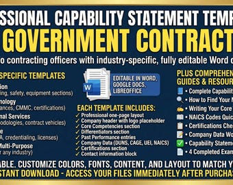 Kit de plantilla de declaración de capacidad, contratista gubernamental, propuesta de RFP de GovCon, perfil de empresa, pequeña empresa, documento de Word editable