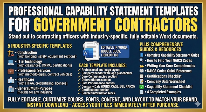 May include: A promotional graphic for professional capability statement templates for government contractors. The text is in white and yellow on a dark blue background. The graphic highlights industry-specific templates, editable Word documents, and comprehensive guides.