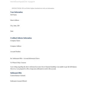 Può includere: Documento bianco intitolato "LETTERA DI OFFERTA DI ACCORDO INIZIALE" con campi compilabili per informazioni personali e del creditore. Include istruzioni e sezioni per i dettagli dell'accordo.