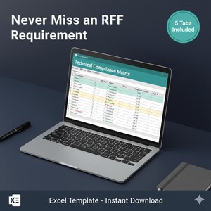 May include: A silver laptop displays a technical compliance matrix with data. The screen shows a spreadsheet with multiple columns and rows. Text at the top reads "Never Miss an RFF Requirement." The image also includes a pen, notebook, and the text "Excel Template - Instant Download."