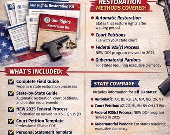 Waffenrechte-Restaurationsset | Wiederherstellung der Rechte an Schusswaffen | Zweiter Zusatzartikel | Verbrechenslöschung | Gericht Petition Vorlagen