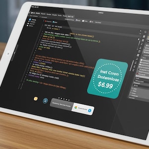 Peut inclure: Une tablette blanche affiche du code sur son écran, soutenue par un support. L'écran montre des lignes de code et un autocollant turquoise avec le texte "Inet Crron Drotannloas" et le prix "6,99 ". Un petit pot de plante et des livres sont en arrière-plan.