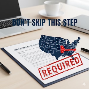 May include: A document titled "Operating Agreement" with a map of the United States, highlighting certain states in red. The document is stamped "REQUIRED" in red. The text "DON'T SKIP THIS STEP" is at the top.