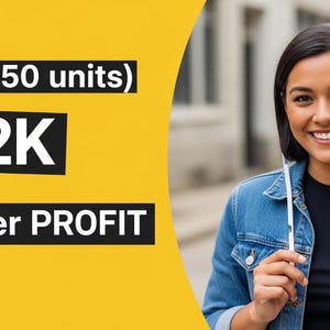 May include: A woman in a denim jacket smiles, holding a white object. Text on a yellow background reads "Small (50 units)", "$92K", and "7uniyer PROFIT". The background is a blurred city street.