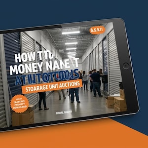 May include: A tablet displays a scene from a storage unit auction, with the title "HOW TO MONEY NAME AT INTOTCONS STOARAGE UNIT AUCTIONS". The image includes text and a price tag. The Etsy logo is visible.