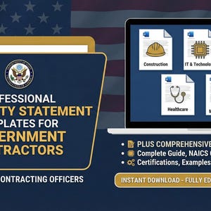 May include: A digital graphic promoting professional capability statement templates for government contractors. The image features a laptop displaying document icons for construction, IT, healthcare, and more. Text includes "Stand Out to Contracting Officers" and "Instant Download".