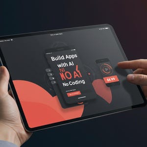 May include: A tablet displaying a mobile app interface with the text "Build Apps with AI, No AI, No Coding." A finger touches a button on the screen. The image has a dark background with red and white accents.