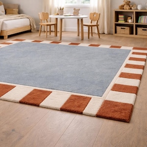 Plush Blue Kids Rug – Modern Checker Border Playroom Carpet
