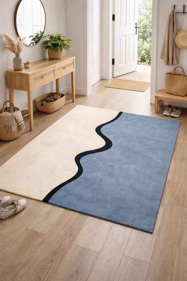 Modern Abstract Blue and Cream Area Rug | Wavy Line Contemporary Carpet ...
