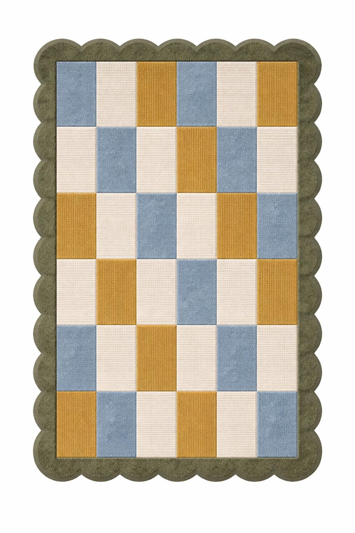 Tufted Check Rug Scalloped Edge Checkered Tufted Rug – Blue Cream Mustard With Olive ...
