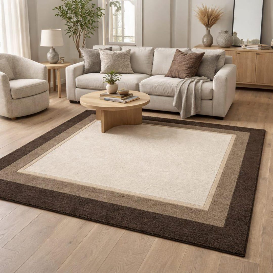 Minimalist Layered Border Rug – Neutral Ivory Brown Design - Etsy