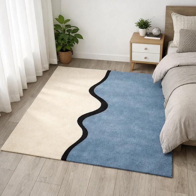 Modern Abstract Blue and Cream Area Rug | Wavy Line Contemporary Carpet ...