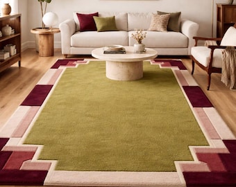 Hand Tufted Wool Area Rug – Olive Green, Burgundy Geometric Border