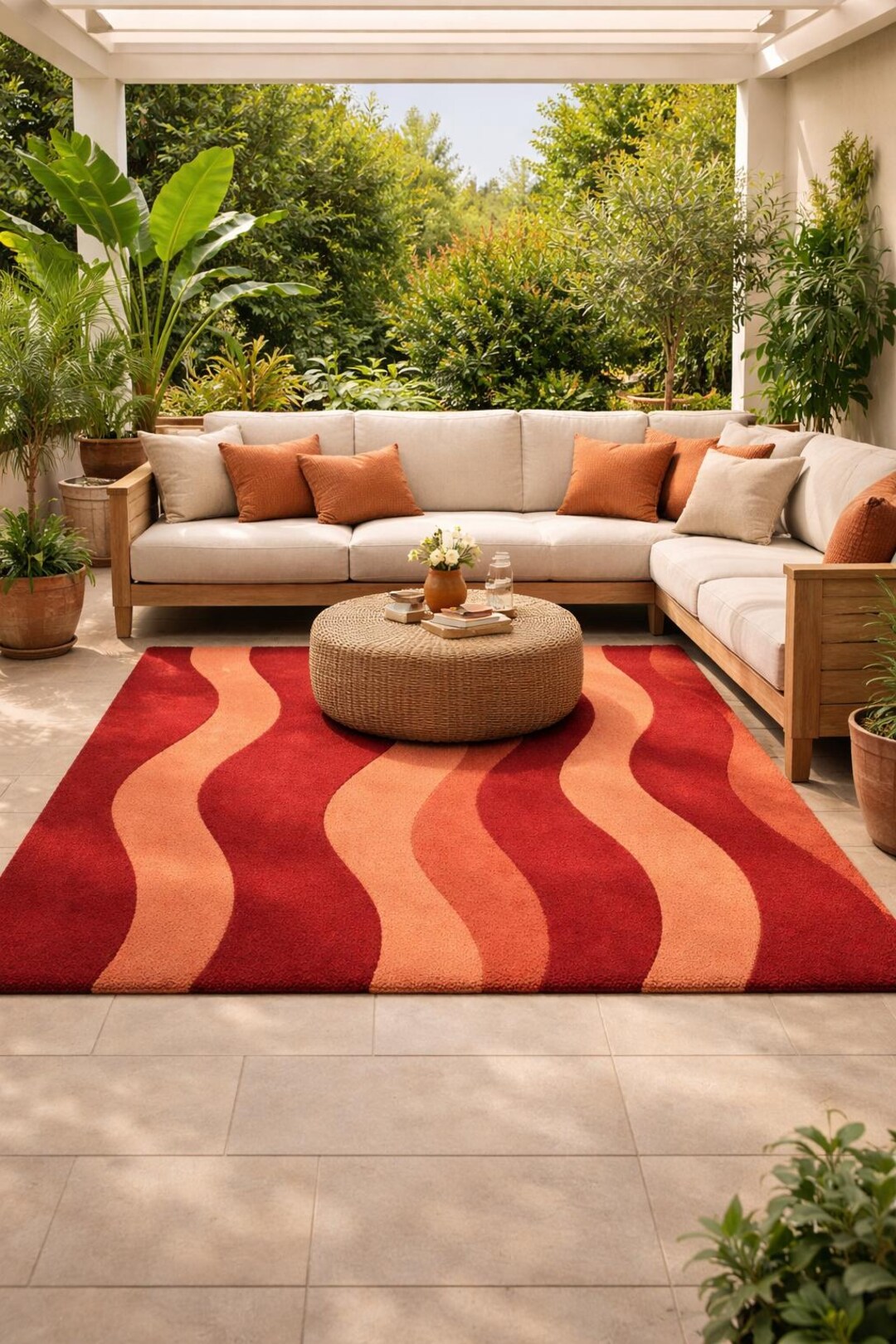 Modern Abstract Wave Rug – Deep Red With Coral & Terracotta Stripes - Etsy