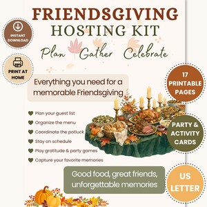 Può includere: Un kit per l'organizzazione del Friendsgiving con il testo Friendsgiving Hosting Kit, Plan Gather Celebrate, e un elenco di attività. Il design include illustrazioni di un banchetto del Ringraziamento e foglie autunnali.