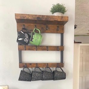 Rustic Coffee Mug Wall Rack with 12 Hooks and Top Shelf for Kitchen