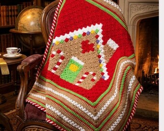 Crochet Gingerbread House Blanket Pattern, Christmas Afghan PDF