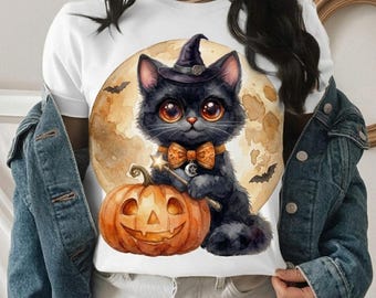 Black Cat Witch Halloween PNG, Pumpkin, Bats, Moon (Digital Download)