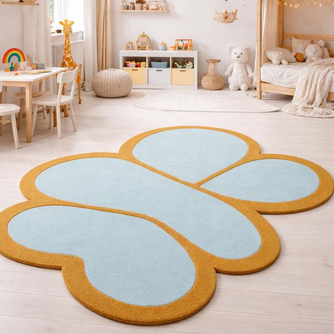 Handmade Wool Flower Rug, Orange and Sky Blue, Modern Accent. BY PLANE ...