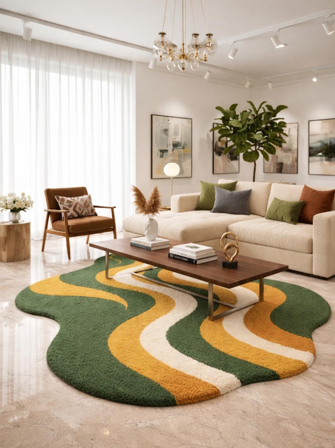Puddle Rug Shape Abstract Wave Rug - Green, Mustard, and Cream Puddle Rug. BY PLANE RUGS ...