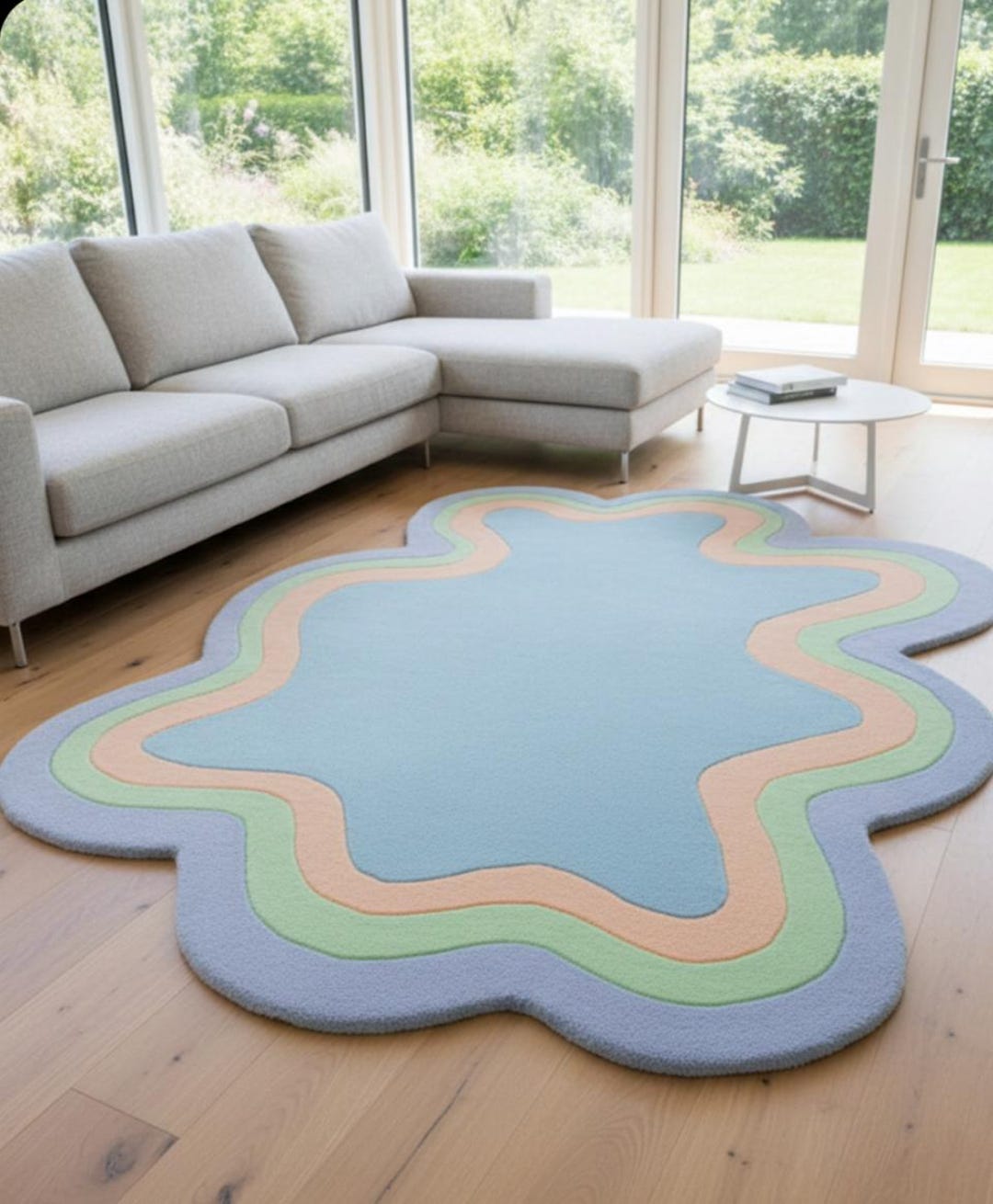 Handmade Wool Tufted Rug, Modern Wavy Design, Sky Blue Carpet. BY PLANE ...