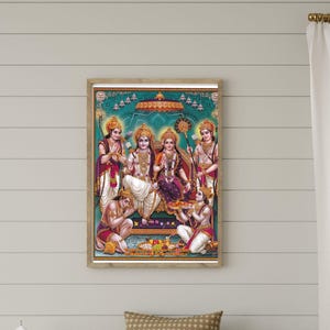 May include: A framed religious artwork with figures in vibrant clothing, set against a teal backdrop. The artwork is above a wooden bench with patterned cushions. The room includes white curtains, a window, and decorative lanterns, creating a serene atmosphere.