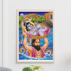 May include: A framed religious print depicting a man holding a basket with a baby. The man is in water, and the baby is in a basket. The print has a blue, pink, and yellow color scheme. The print is in a light-colored wooden frame.