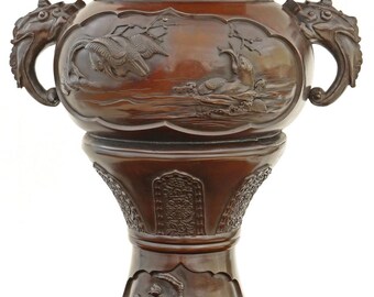 Antik stor 45 cm fin japansk orientalisk brons urnvas Meiji-perioden 1800-tal