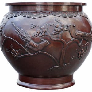 May include: A large, round, dark brown metal planter with a wide rim and a decorative floral pattern. The planter features detailed relief carvings of birds perched on flowering branches. The base is a slightly lighter shade of brown.