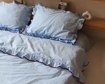 Sky Blue With Burgundy Ruffle Bedding Set Full, Cotton Duvet Cover,2 Pillowcase