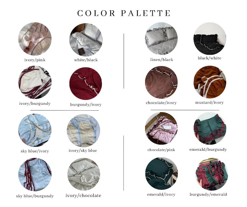 May include: A color palette graphic with the text "COLOR PALETTE" at the top. The image displays 12 circular color swatches, each labeled with color combinations such as ivory/pink, white/black, and sky blue/ivory.
