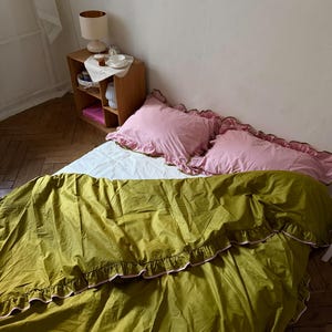 Matcha Pink Ruffle Bedding Set Full, Cotton Duvet Cover, Ivory Pillowcase