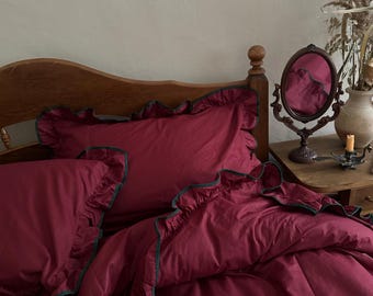 Burgundy Emarald Ruffle Bedding Set Full, Cotton Duvet Cover,2 Pillowcase