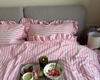 Pink Striped Ruffle Bedding Set Full, Cotton Duvet Cover, Ivory Pillowcase