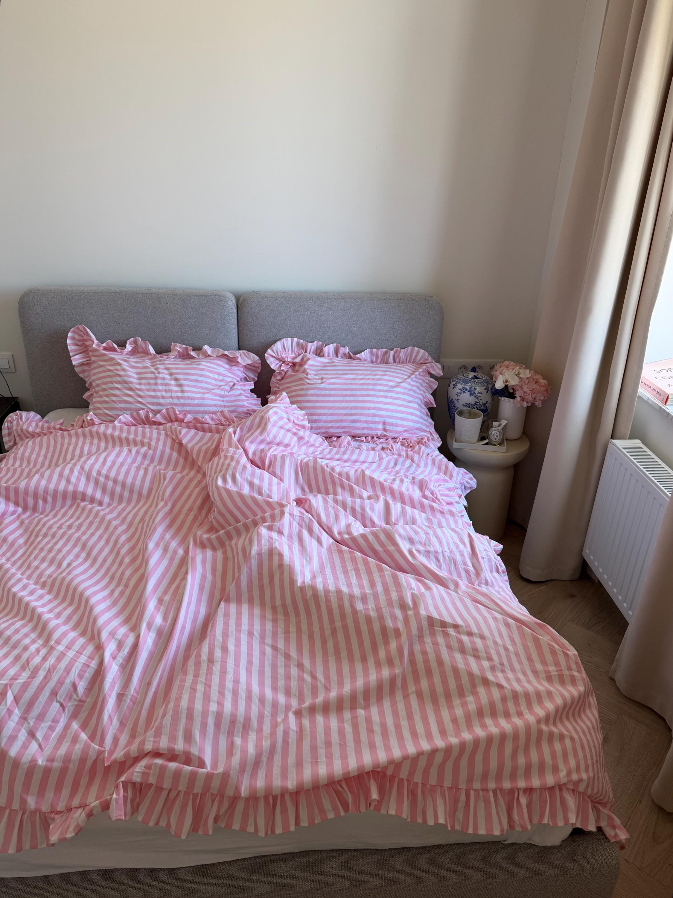 Striped Ruffle Sheets Pink Striped Ruffle Bedding Set Full, Cotton Duvet Cover, Ivory ...
