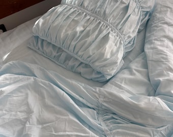 Blue Wrinkle Cotton Bedding Set, Boho Duvet Cover, Turkish Satin Pillowcases
