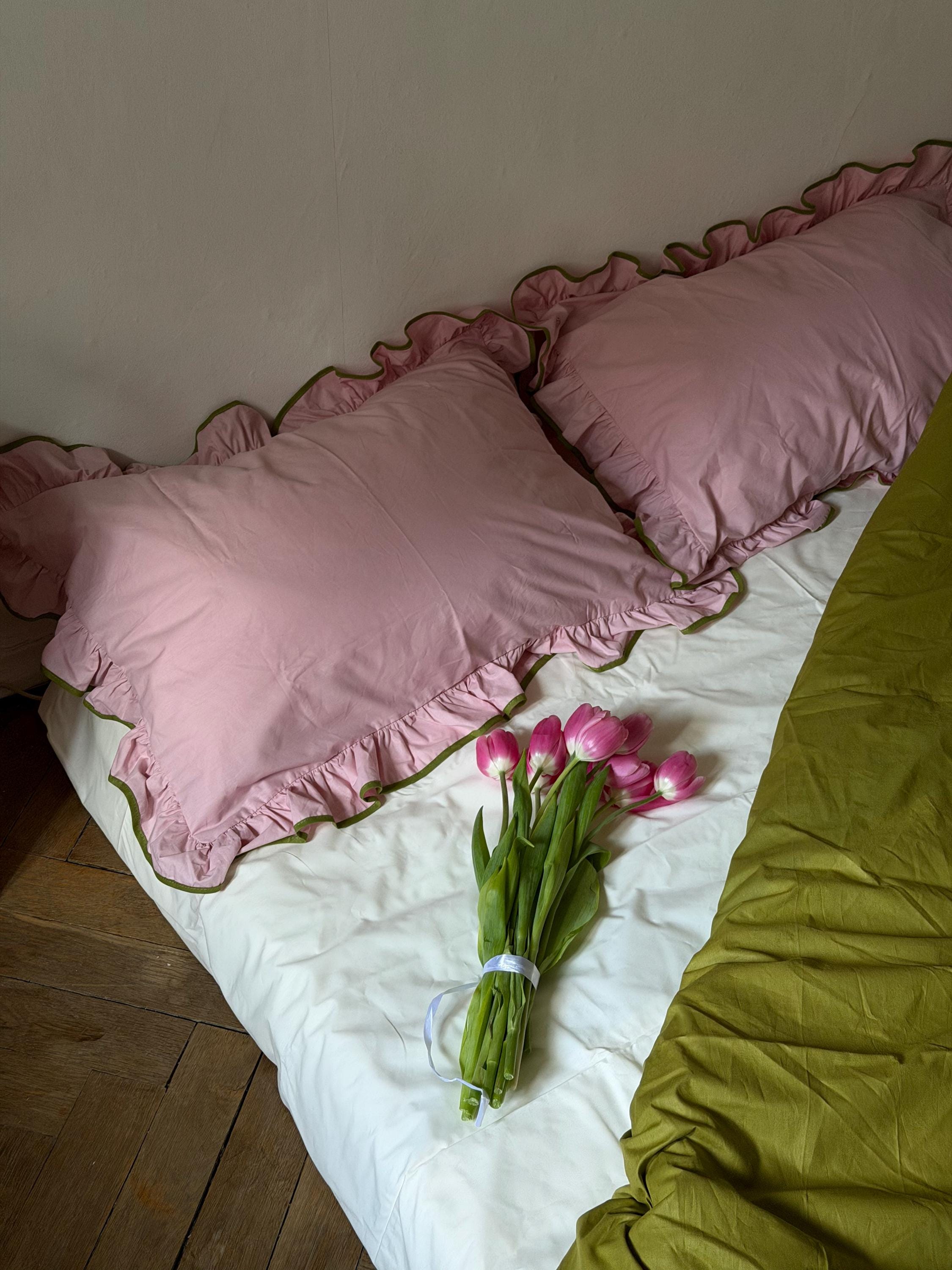 Pink Ruffle Sheets Matcha Pink Ruffle Bedding Set Full, Cotton Duvet Cover, Ivory ...