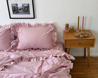 Juego de ropa de cama de algodón rosa con volantes, ribete de encaje, estilo coqueto (tamaño Queen)