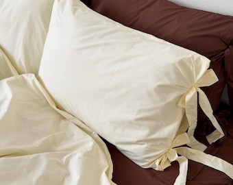 Juego de ropa de cama de chocolate hecho a mano, tamaño matrimonial con lazos, funda nórdica de algodón, 2 fundas de almohada.