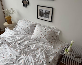 Cornflower Blue Floral Ruffle Bedding Set Full, Cotton Duvet Cover,2 Pillowcase