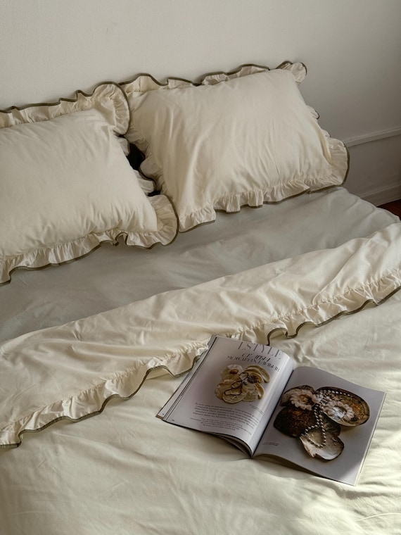 Ivory with Olive Ruffle Bedding Set Full, Cotton Duvet Cover,2 Pillowcase